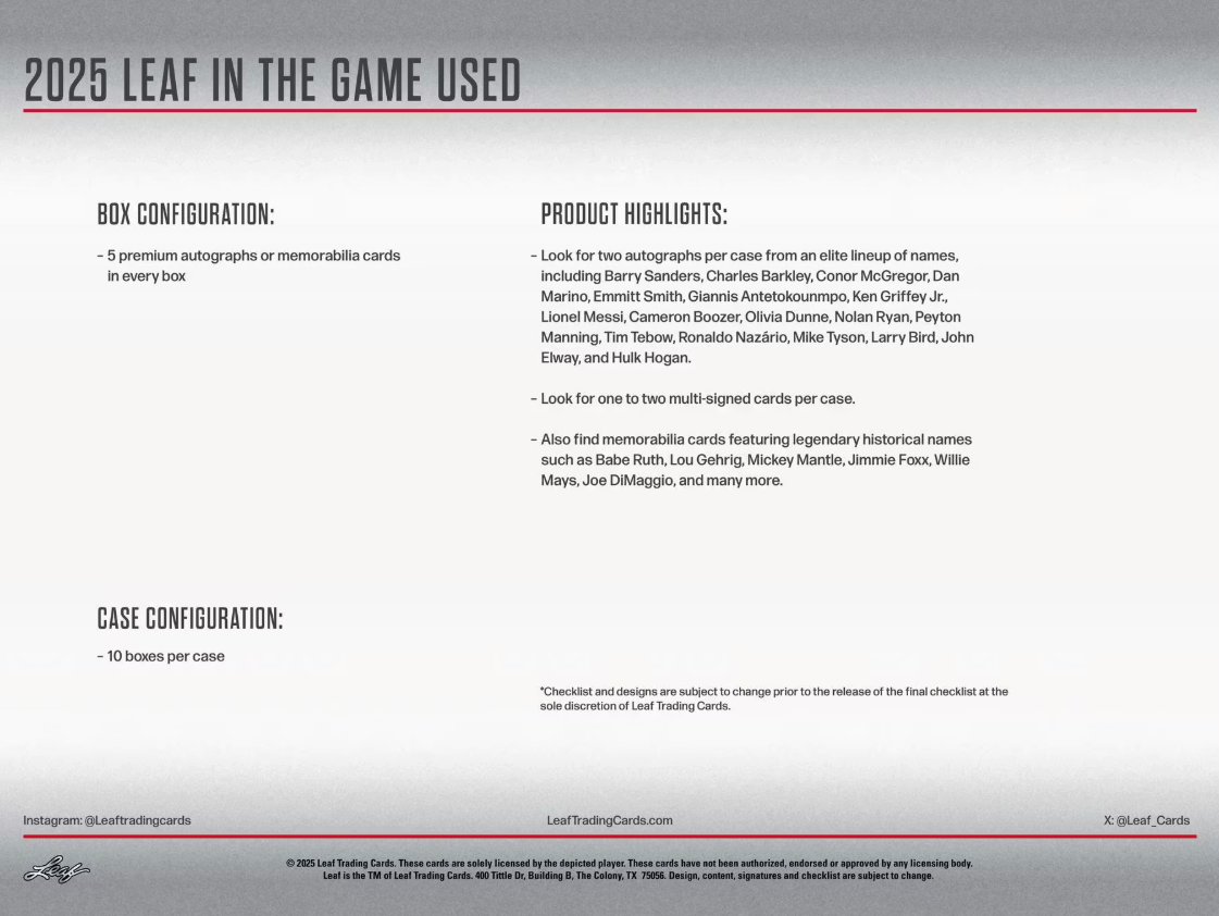 2025 Leaf In The Game Used Hobby Box (5 Premium Hits) - Hobby Box