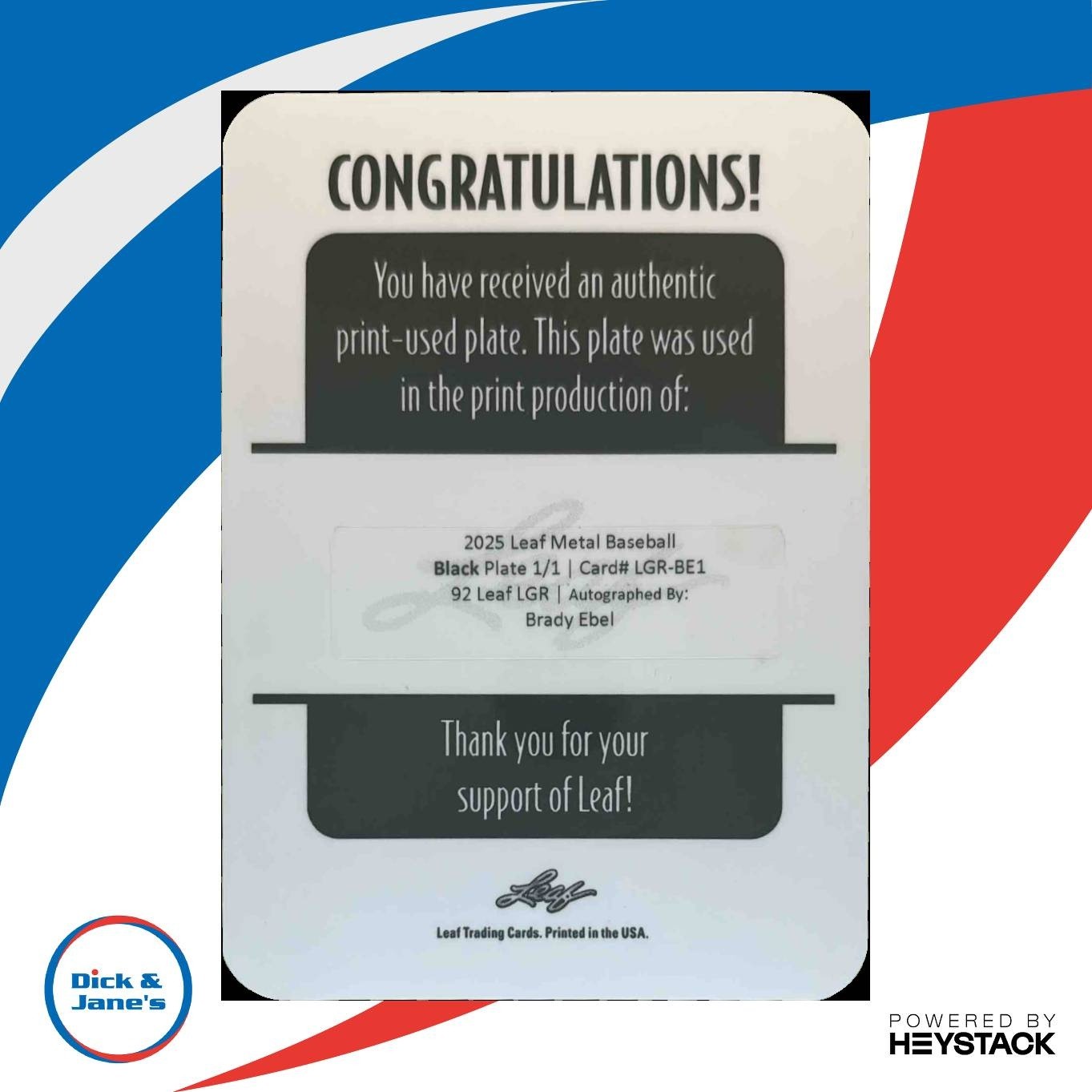 2025 Leaf Metal Brady Ebel 92 LGR Printing Plates Black 1/1 #LGR-BE1 Auto - Sports Cards