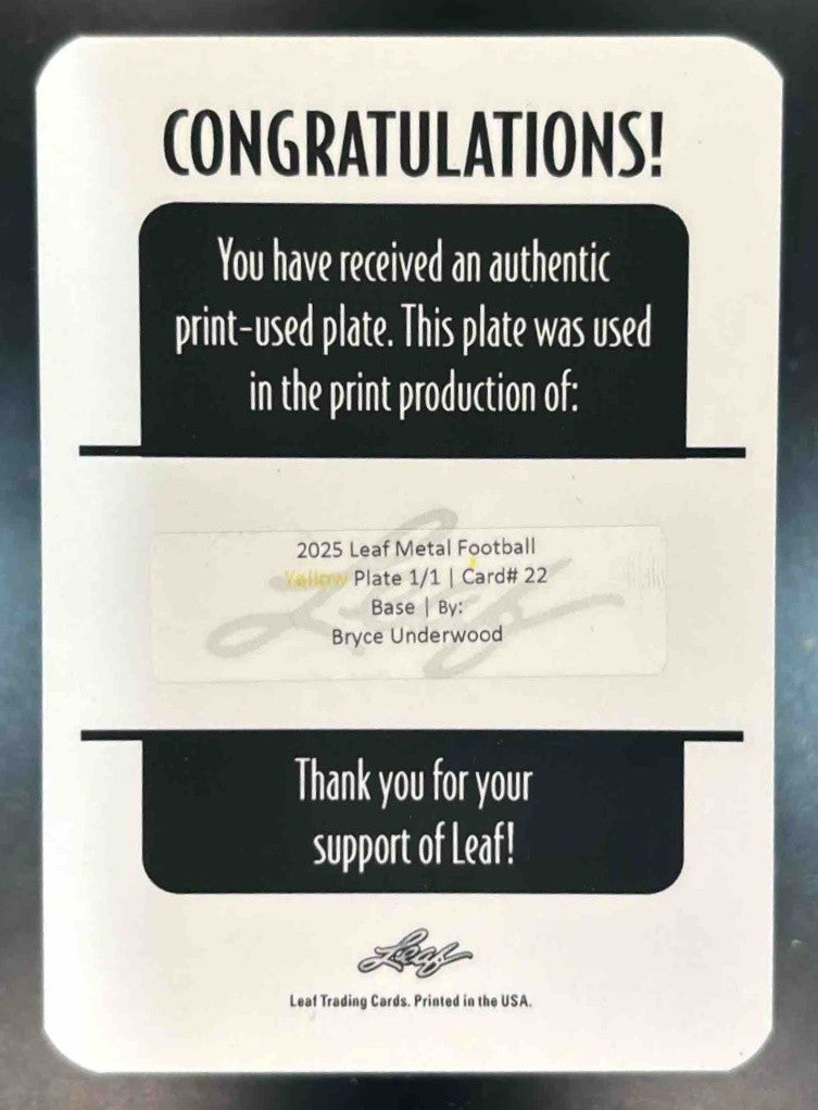 2025 Leaf Metal Bryce Underwood #22 Printing Plate 1/1 Yellow - Sports Cards