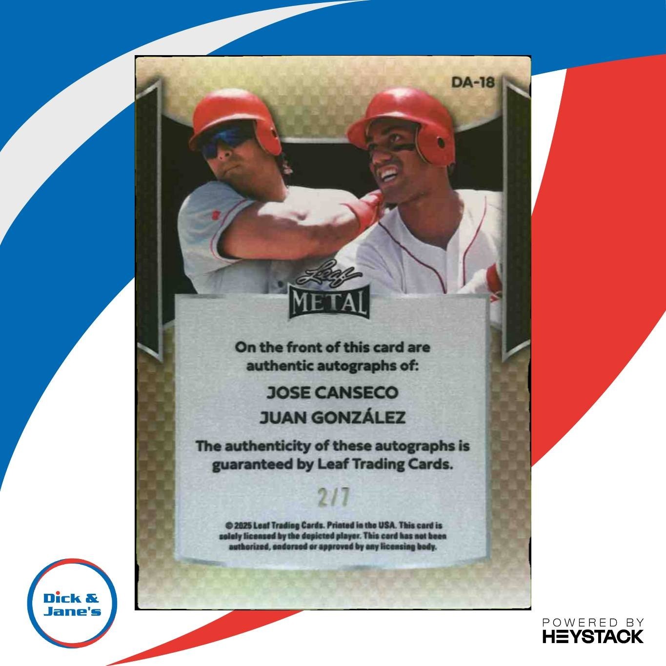 2025 Leaf Metal Dual Auto Jose Canseco Juan Gonzalez Green /7 - Sports Cards