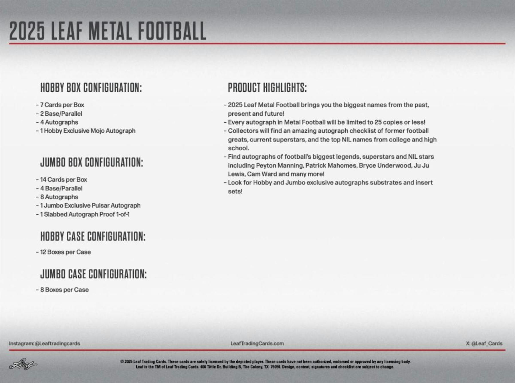 2025 Leaf Metal Football Hobby Box (4 + 1 Hobby Auto)(RED/WHITE/BLUE EDITION!) - NFL Hobby Box