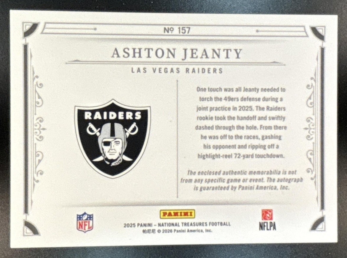2025 National Treasures Ashton Jeanty Patch Auto Stars & Stripes /25 #157 MEM RC - Sports Cards