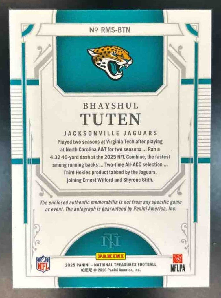 2025 National Treasures Bhayshul Tuten Triple Patch Auto /99 MEM RC Jaguars - Sports Cards
