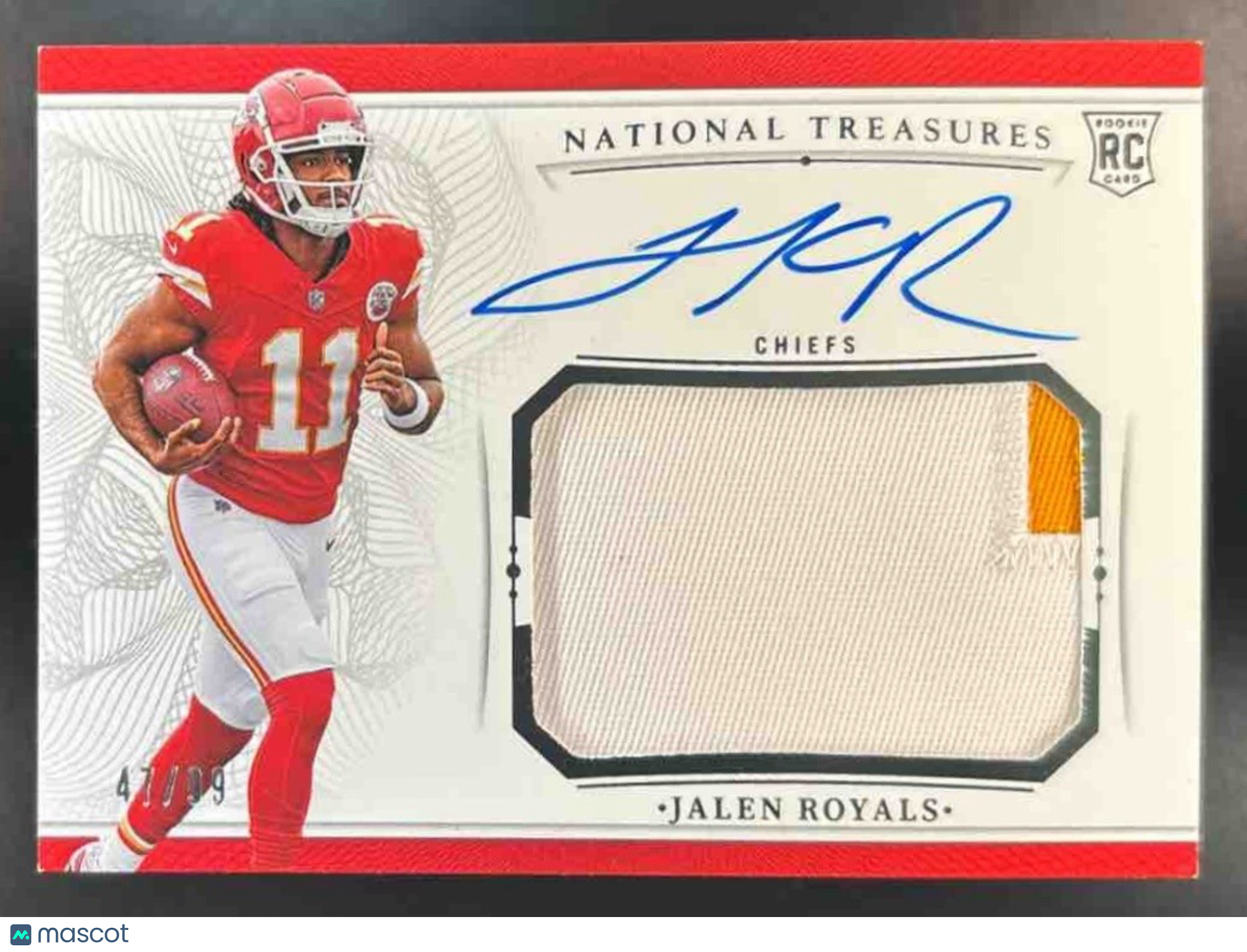2025 National Treasures Jalen Royals Crossover Patch Auto /99 MEM RC Chiefs - Sports Cards