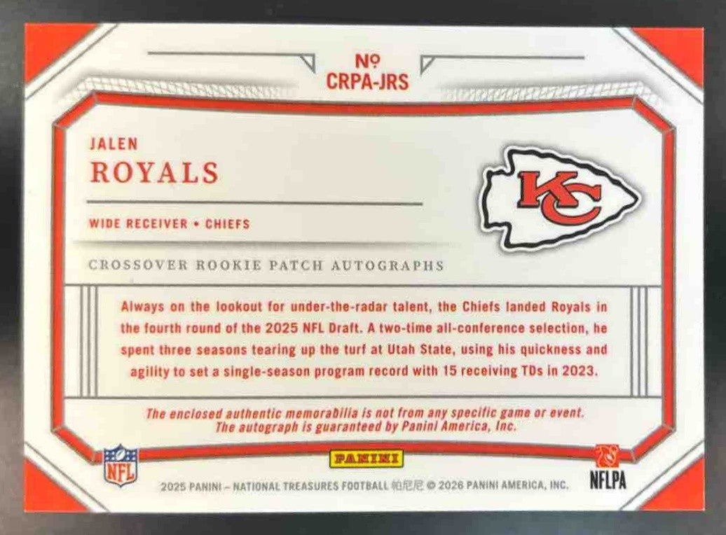 2025 National Treasures Jalen Royals Crossover Patch Auto /99 MEM RC Chiefs - Sports Cards