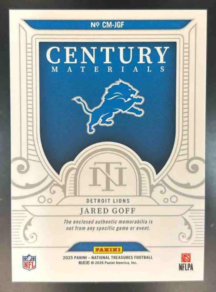 2025 National Treasures Jared Goff Century Materials 99/99 MEM Detroit Lions - Sports Cards