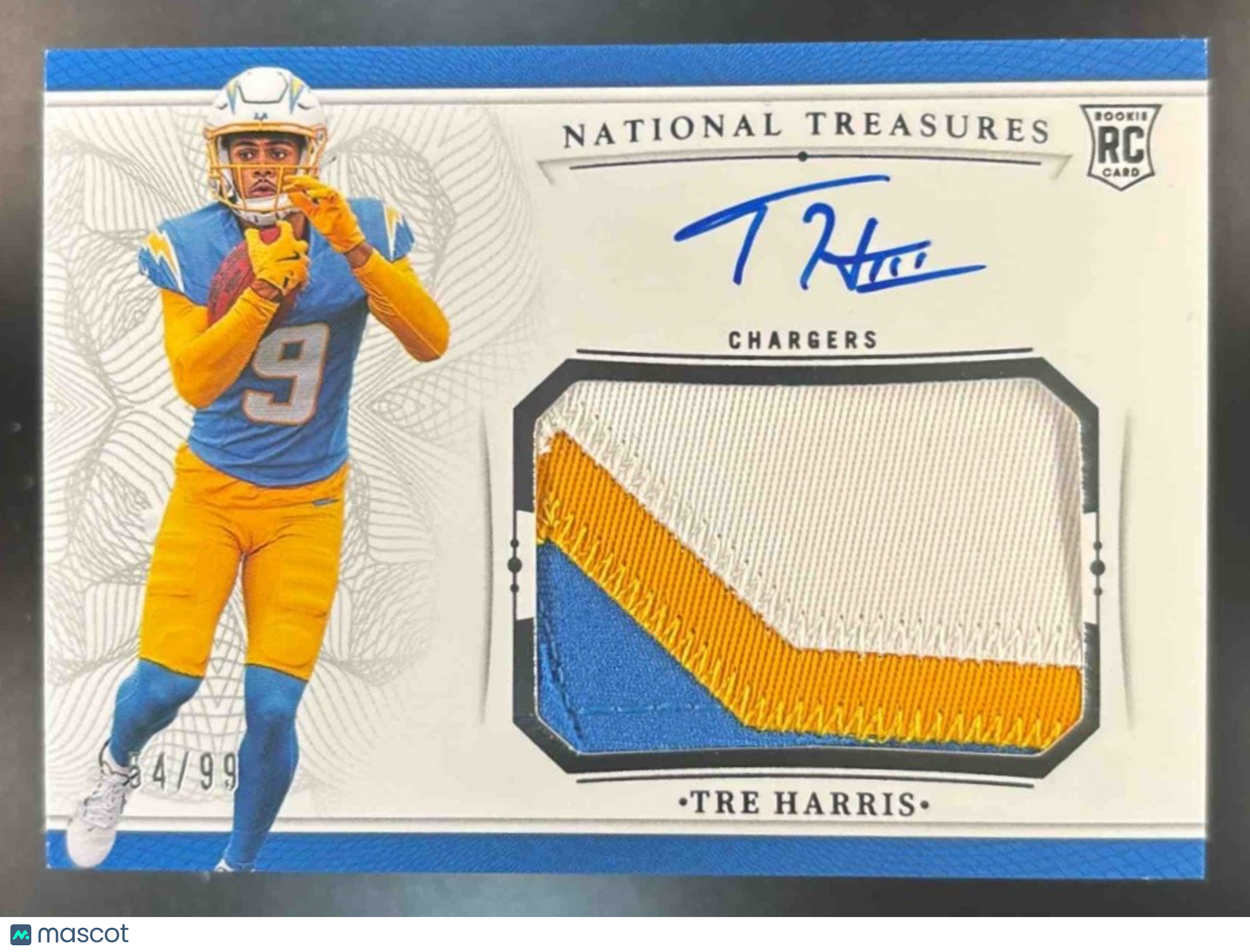 2025 National Treasures Tre Harris Rookie Patch Auto /99 MEM RC Chargers - Sports Cards