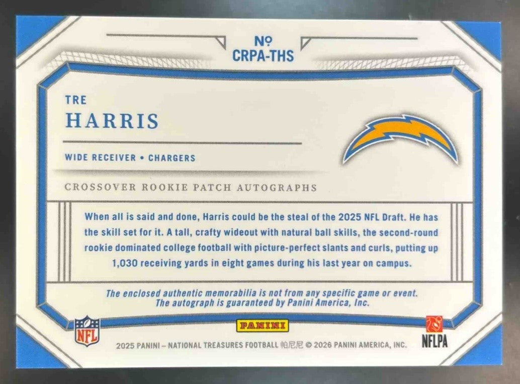 2025 National Treasures Tre Harris Rookie Patch Auto /99 MEM RC Chargers - Sports Cards