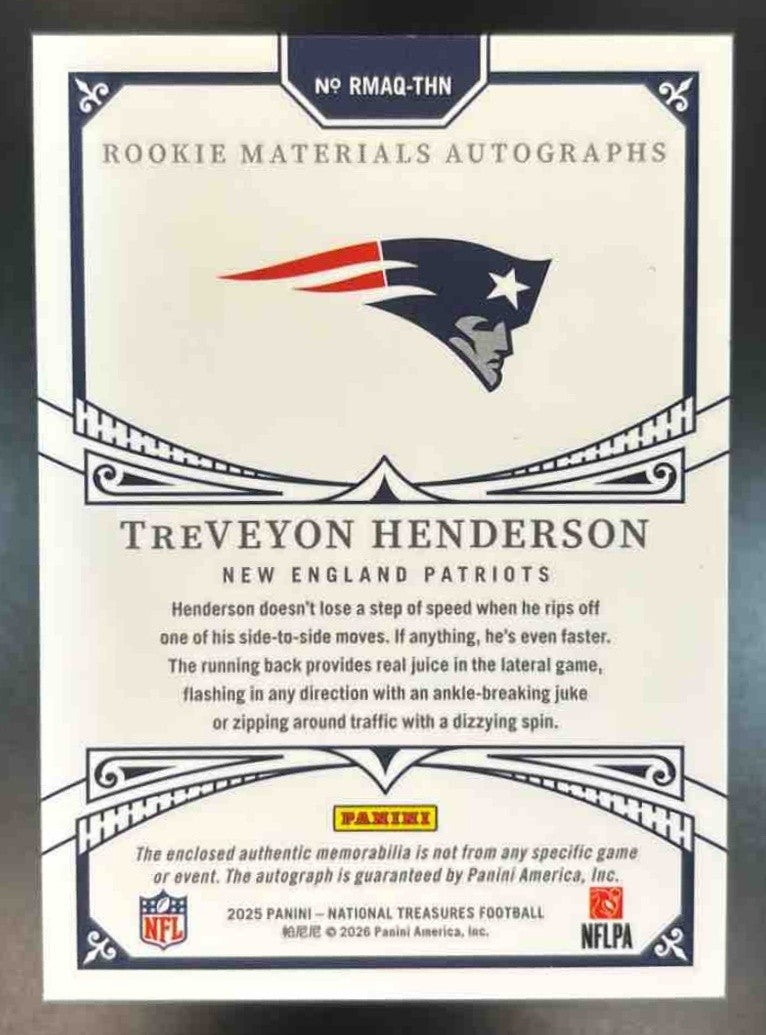 2025 National Treasures TreVeyon Henderson Quad Patch Auto /99 MEM RC Patriots - Sports Cards
