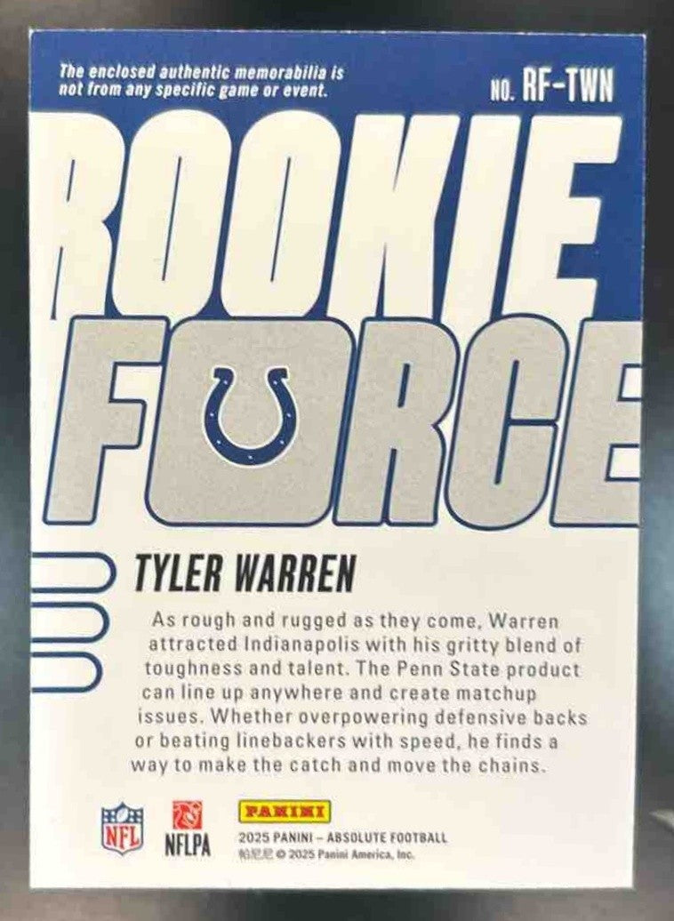 2025 Panini Absolute Tyler Warren Rookie Force MEM RC Indianapolis Colts - Sports Cards