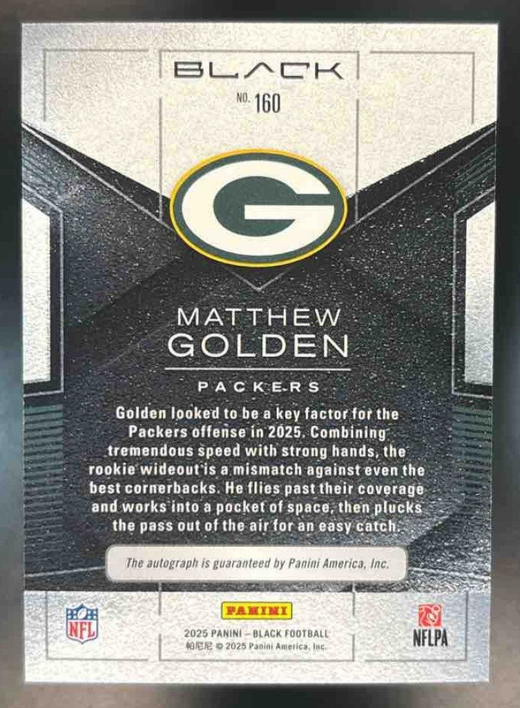 2025 Panini Black Matthew Golden Rookies Auto Sapphire /50 #160 RC Packers - Sports Cards