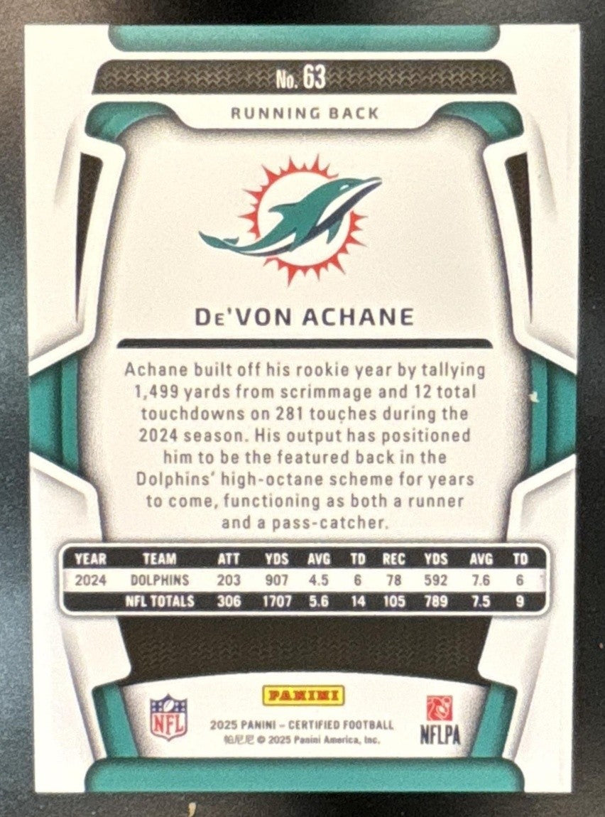 2025 Panini Certified De’Von Achane Mirror Orange /150 #63 Miami Dolphins - Sports Cards