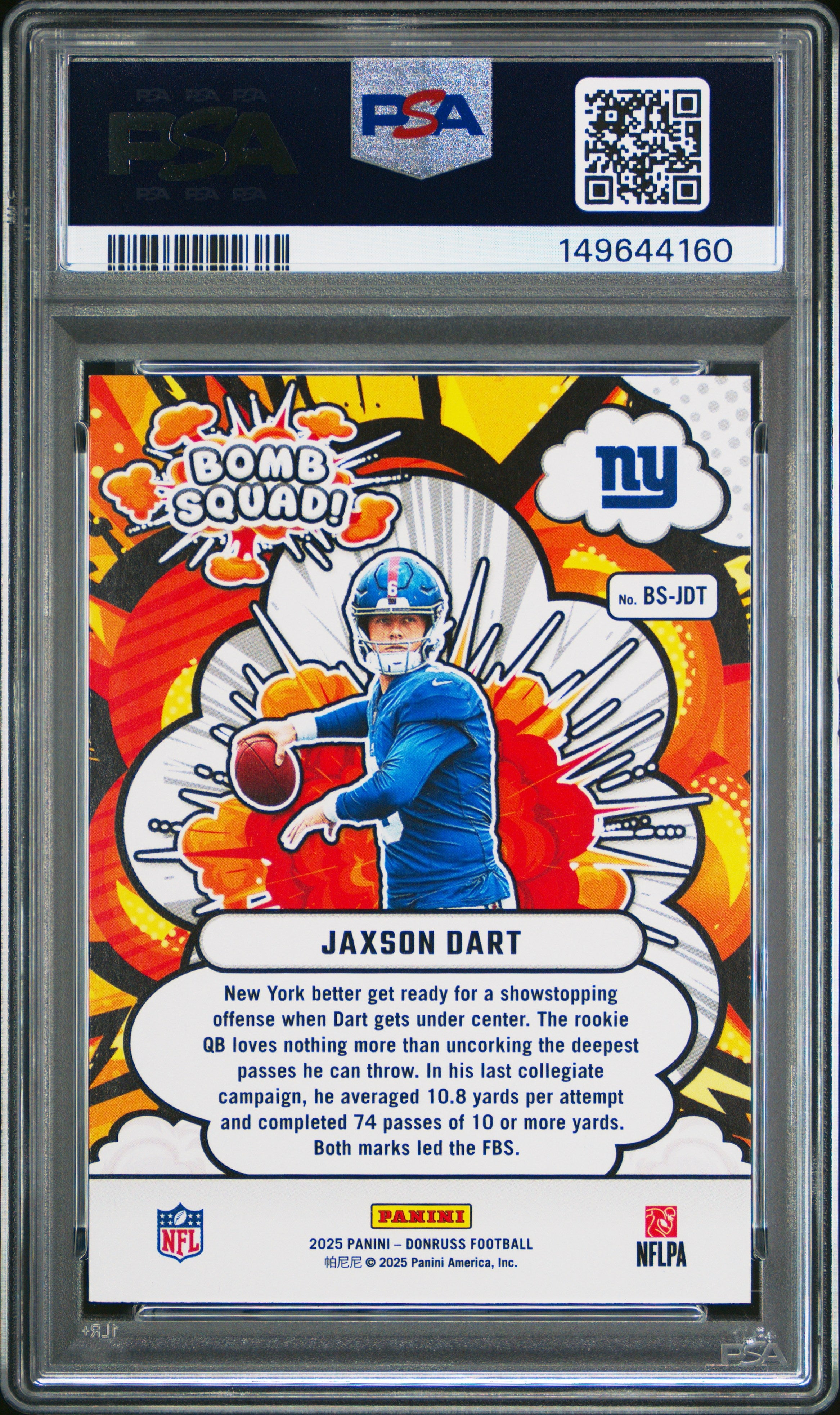 2025 Panini Donruss Bomb Squad Jaxson Dart Rookie #BS-JDT PSA 9 MINT Giants - Graded Sports Cards