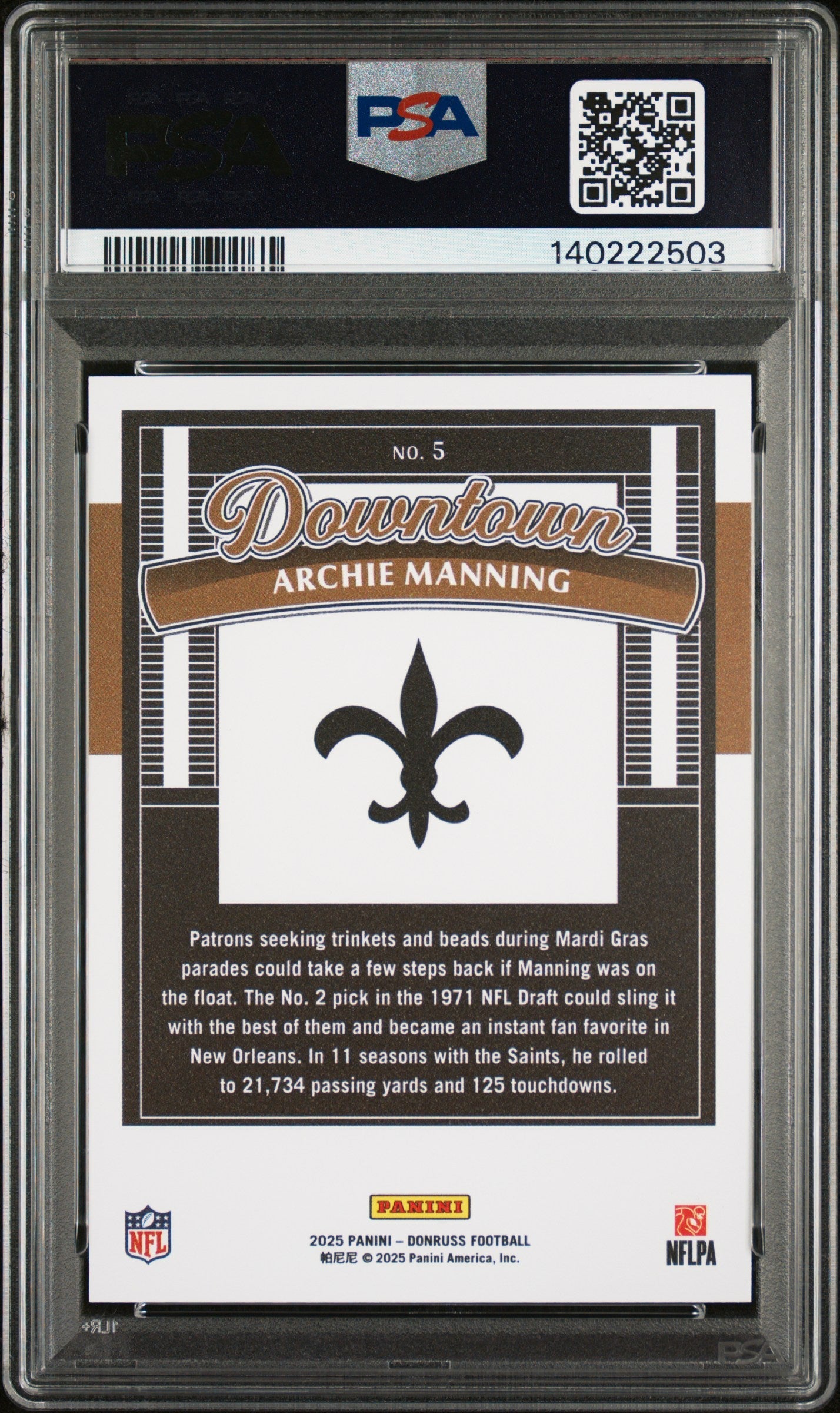 2025 Panini Donruss Downtown Archie Manning PSA 10 GEM MINT New Orleans Saints - Graded Sports Cards