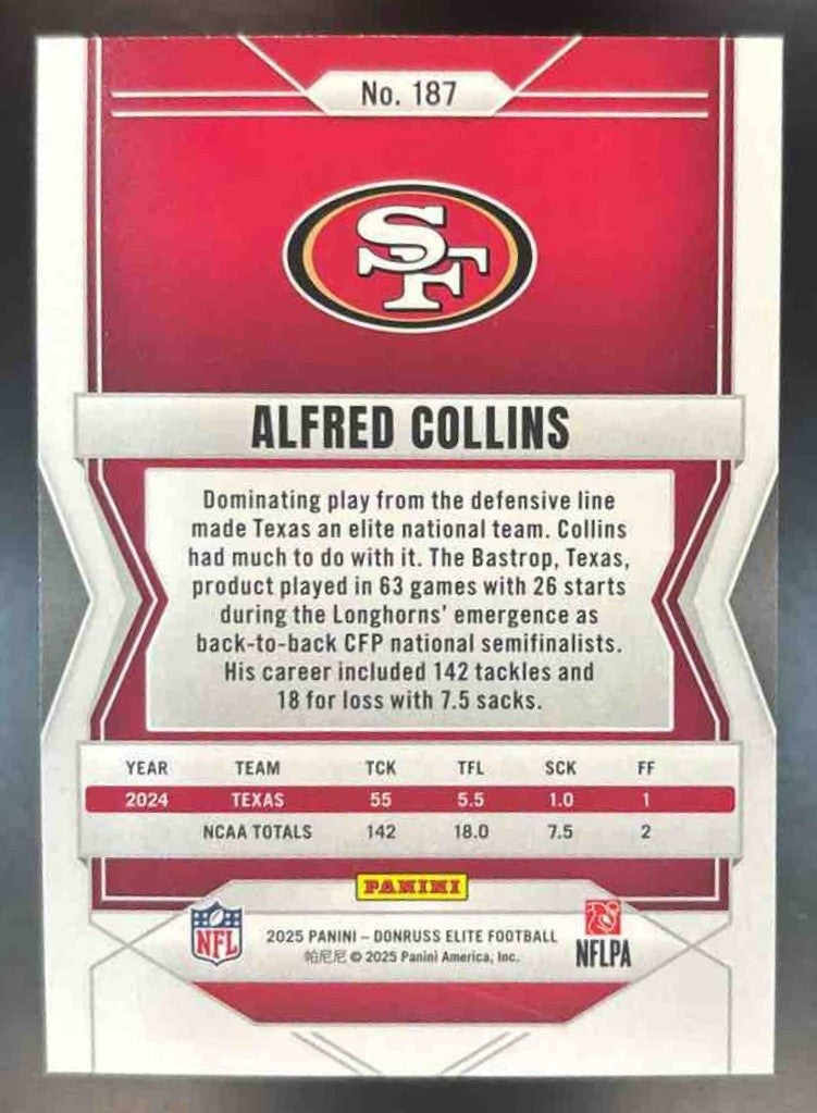 2025 Panini Donruss Elite Alfred Collins Orange /199 #187 RC San Francisco 49ers - Sports Cards