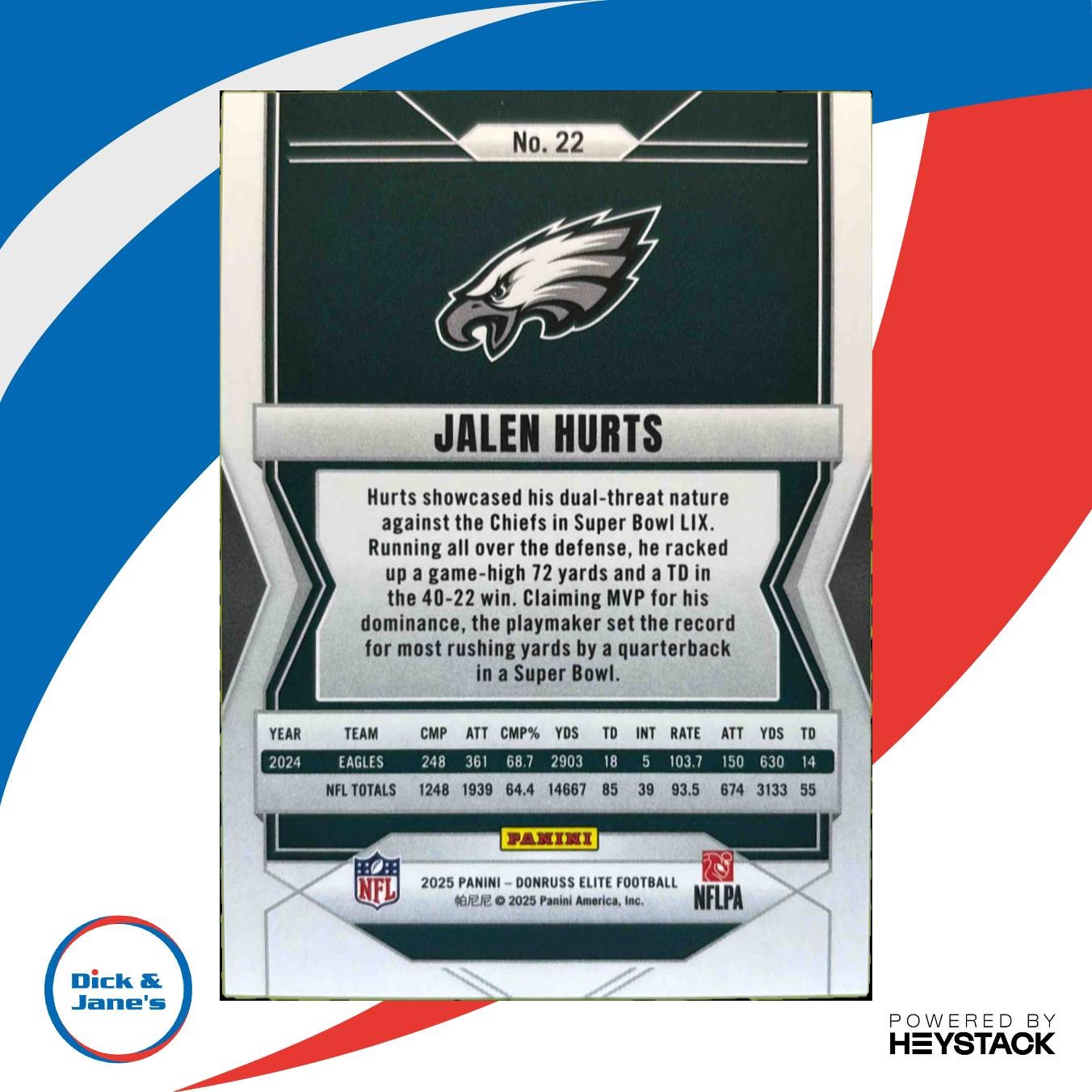 2025 Panini Donruss Elite Jalen Hurts Gold 2/10 #22 Philadelphia Eagles - Sports Cards