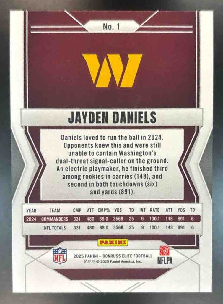 2025 Panini Donruss Elite Jayden Daniels Purple /49 #1 Washington Commanders - Sports Cards