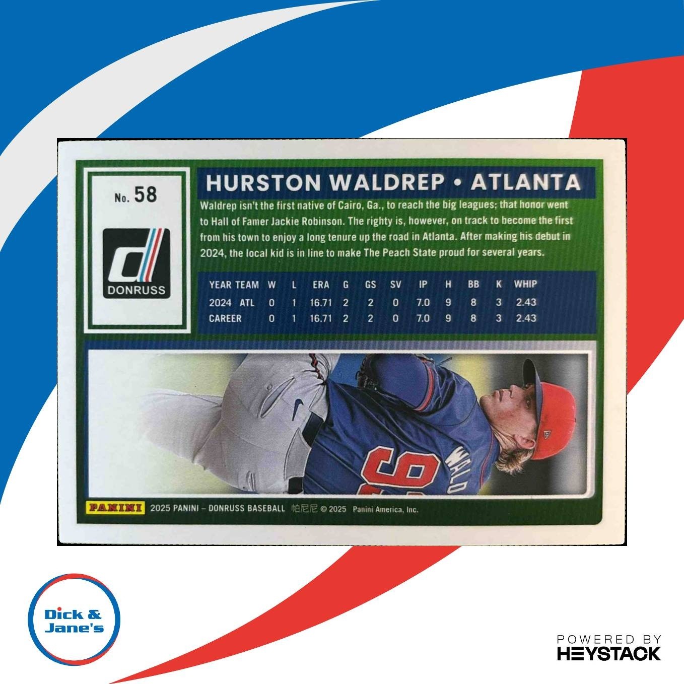 2025 Panini Donruss Hurston Waldrep Blue 88/149 #58 Rated Rookie Atlanta Braves - Sports Cards