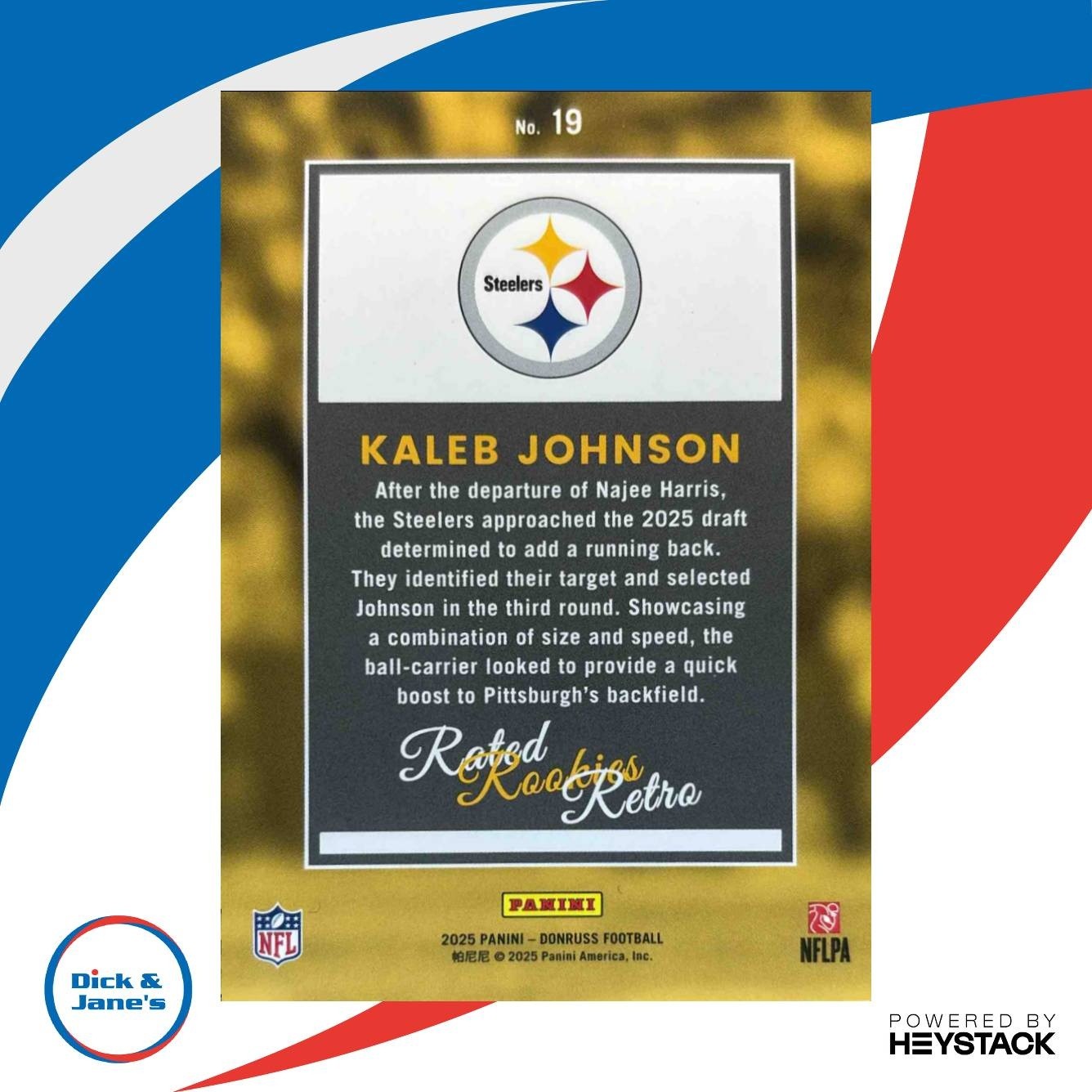 2025 Panini Donruss Kaleb Johnson Rated Rookie Retro #19 RC Pittsburgh Steelers - Sports Cards