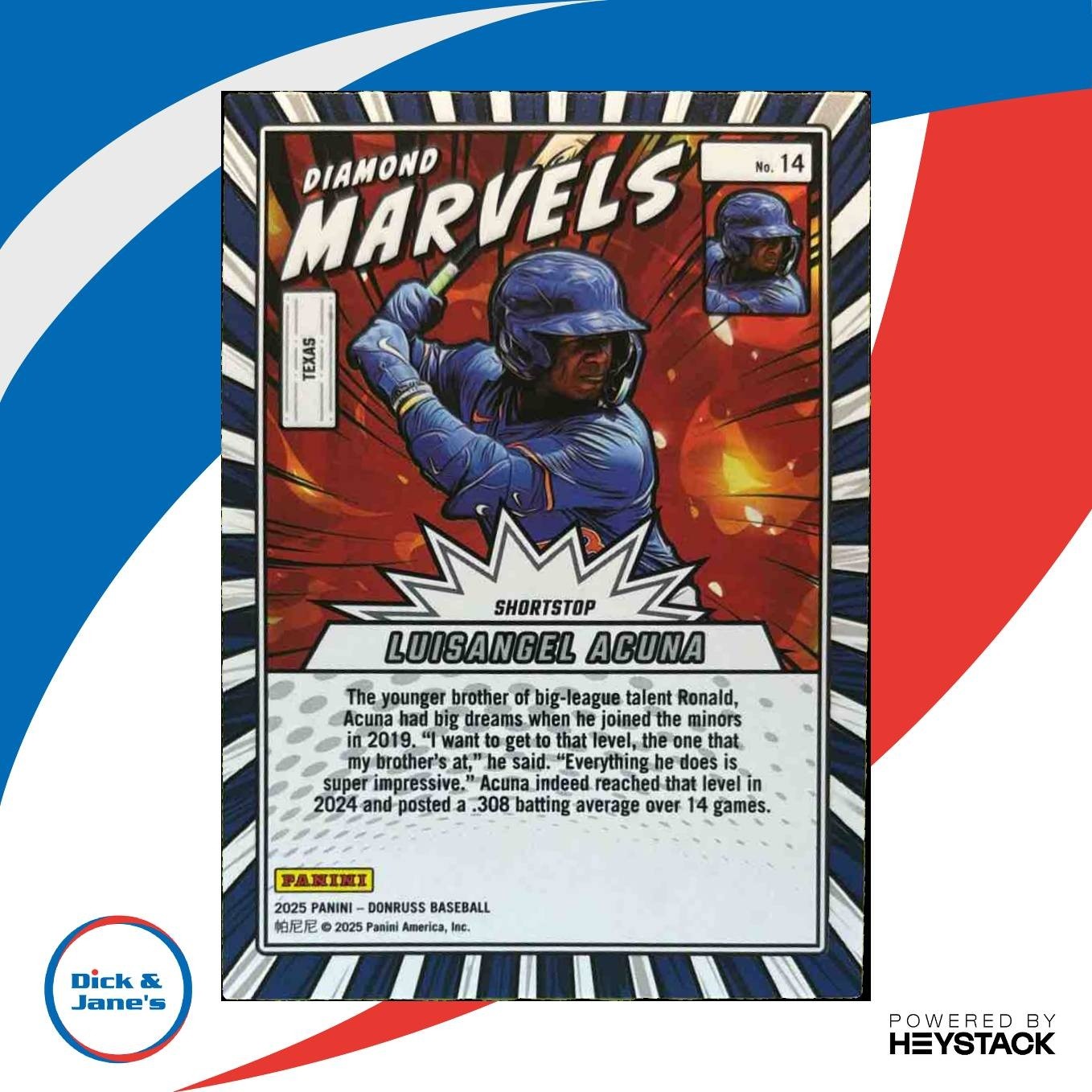 2025 Panini Donruss Luisangel Acuna Diamond Marvels Red Xplosion /99 RC Rangers - Sports Cards
