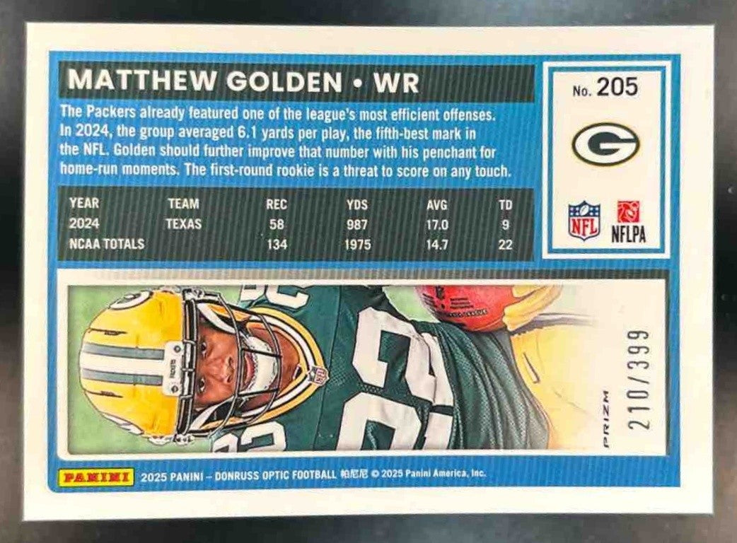 2025 Panini Donruss Optic Matthew Golden Neon Blue /399 #205 Green Bay Packers - Sports Cards