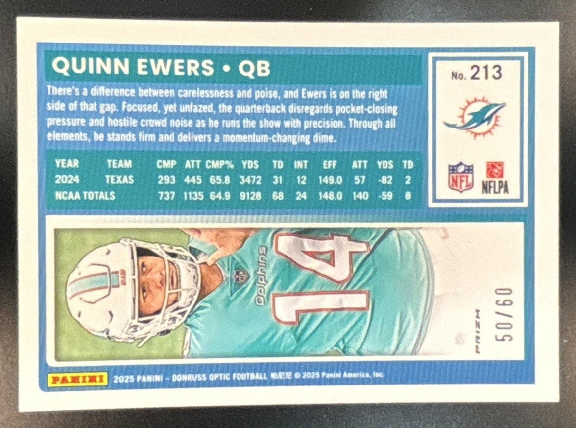 2025 Panini Donruss Optic Quinn Ewers Purple Prizm /60 #213 Miami Dolphins - Sports Cards