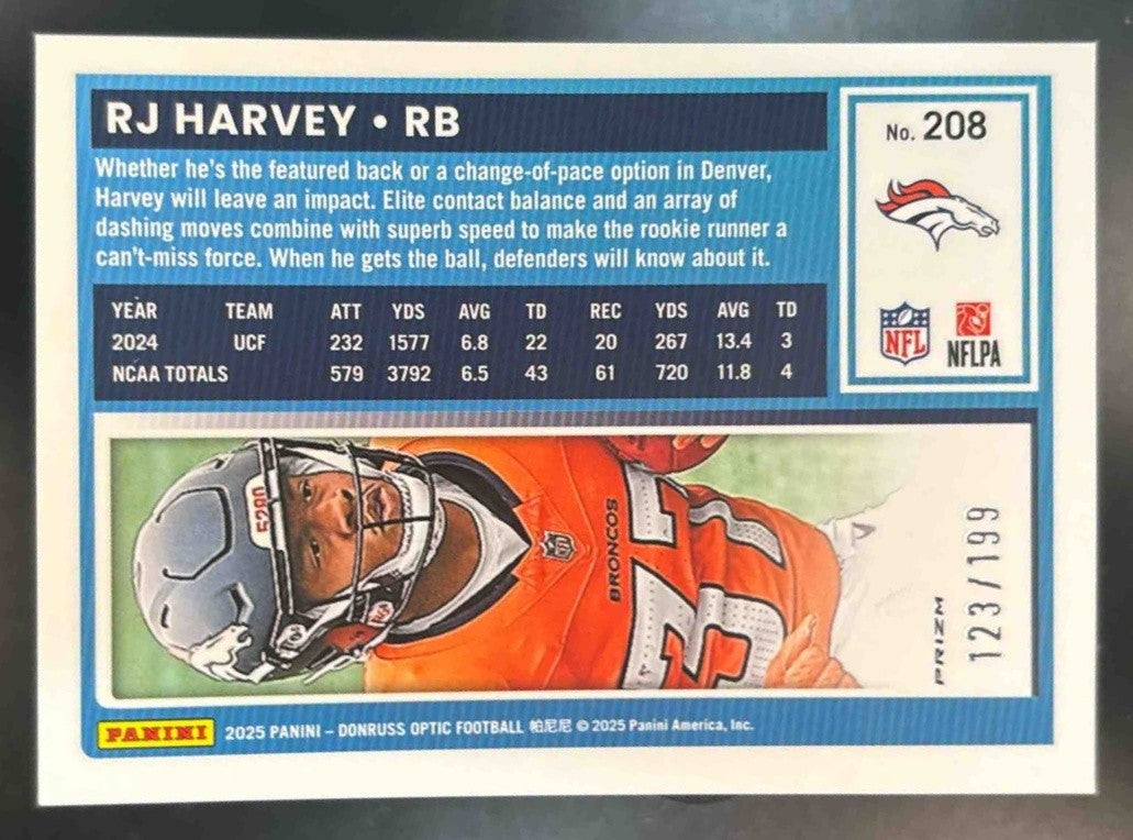 2025 Panini Donruss Optic RJ Harvey Flex Prizm RC /199 #208 Denver Broncos - Sports Cards