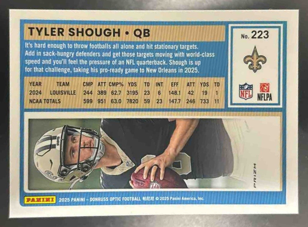 2025 Panini Donruss Optic Tyler Shough Blue Hyper Prizm #223 New Orleans Saints - Sports Cards