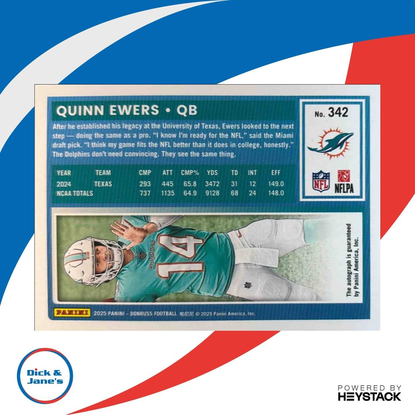 2025 Panini Donruss Quinn Ewers Rated Rookie Auto Orange #342 RC Miami Dolphins - Sports Cards