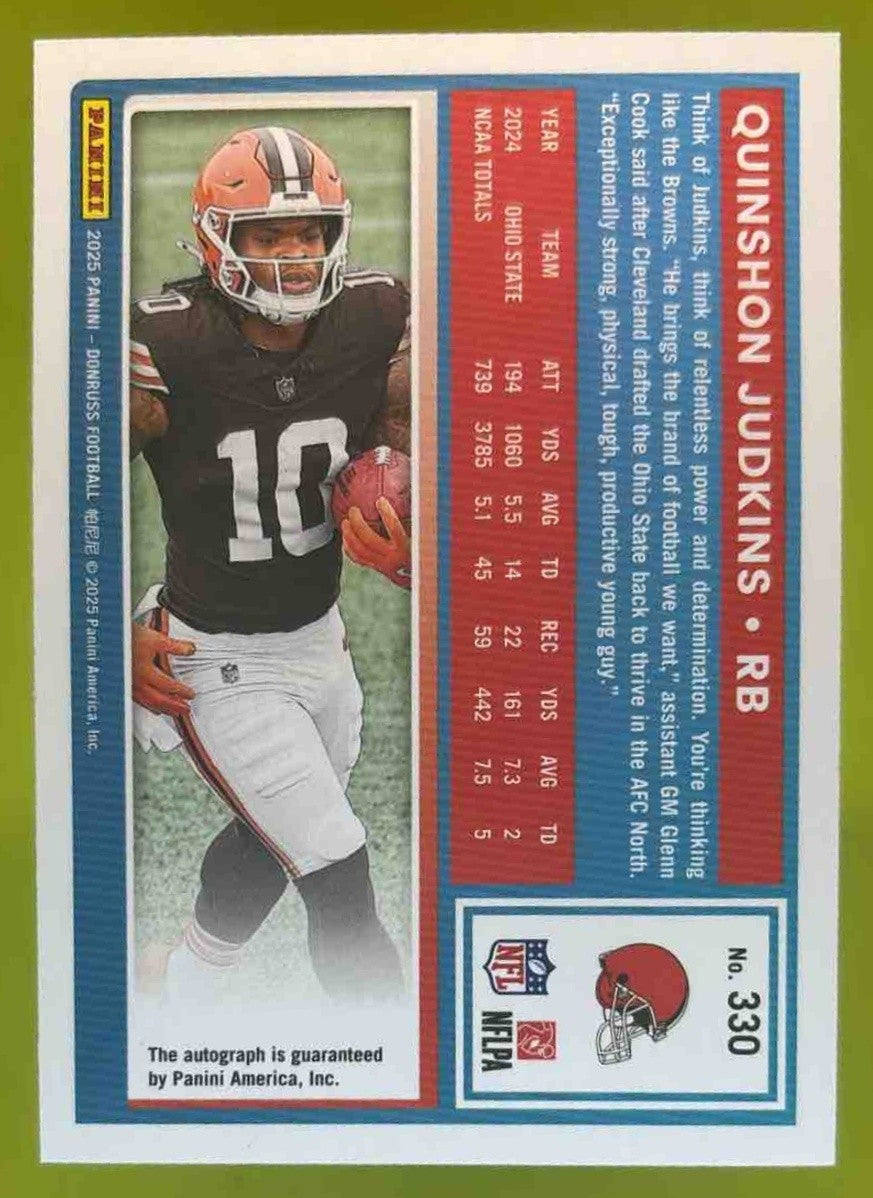 2025 Panini Donruss Quinshon Judkins Rookie Auto Orange #330 RC Cleveland Browns - Sports Cards
