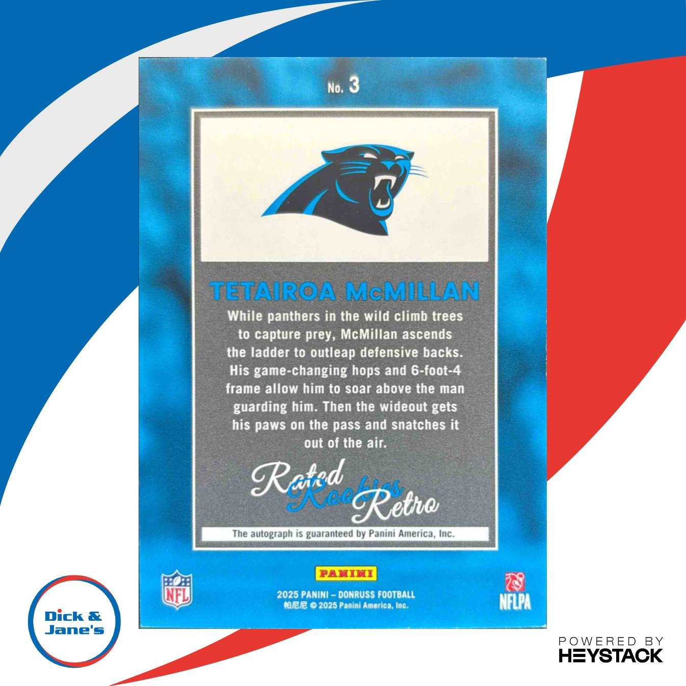 2025 Panini Donruss Tetairoa McMillan Rated Rookie Retro Auto 30/99 #3 Panthers - Sports Cards