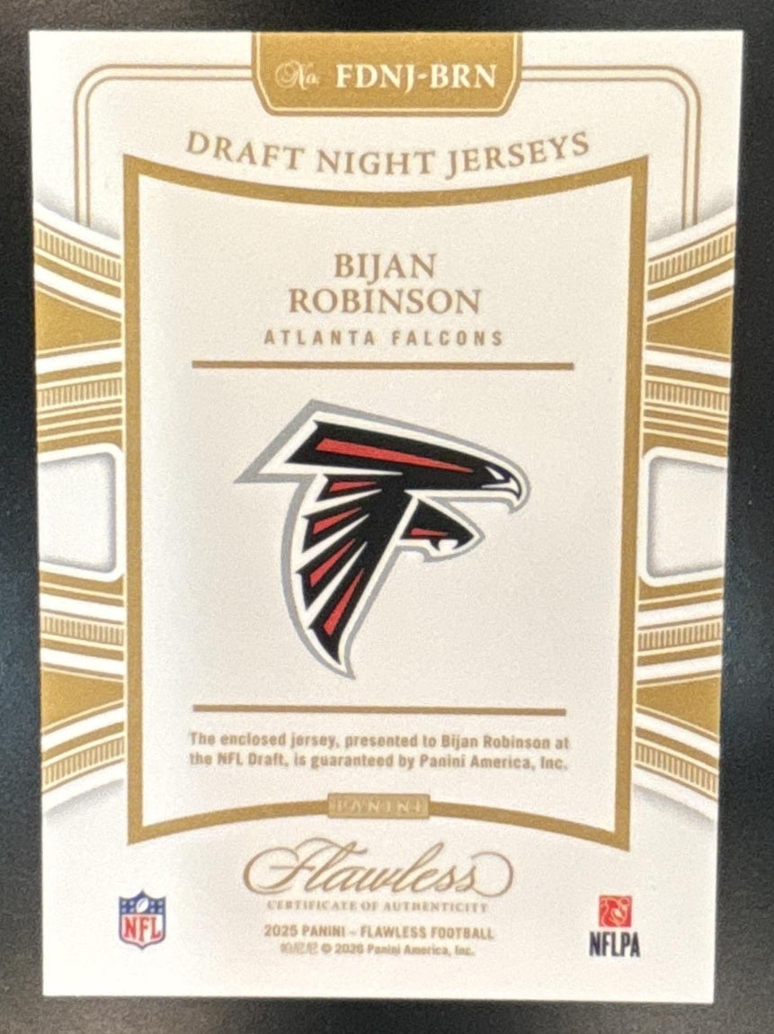 2025 Panini Flawless Draft Night Jerseys Patch Bijan Robinson /25 Falcons MEM - Sports Cards