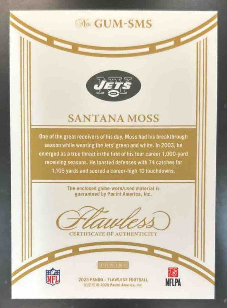 2025 Panini Flawless Santana Moss Game Used Patch Ruby /20 #38 MEM New York Jets - Sports Cards