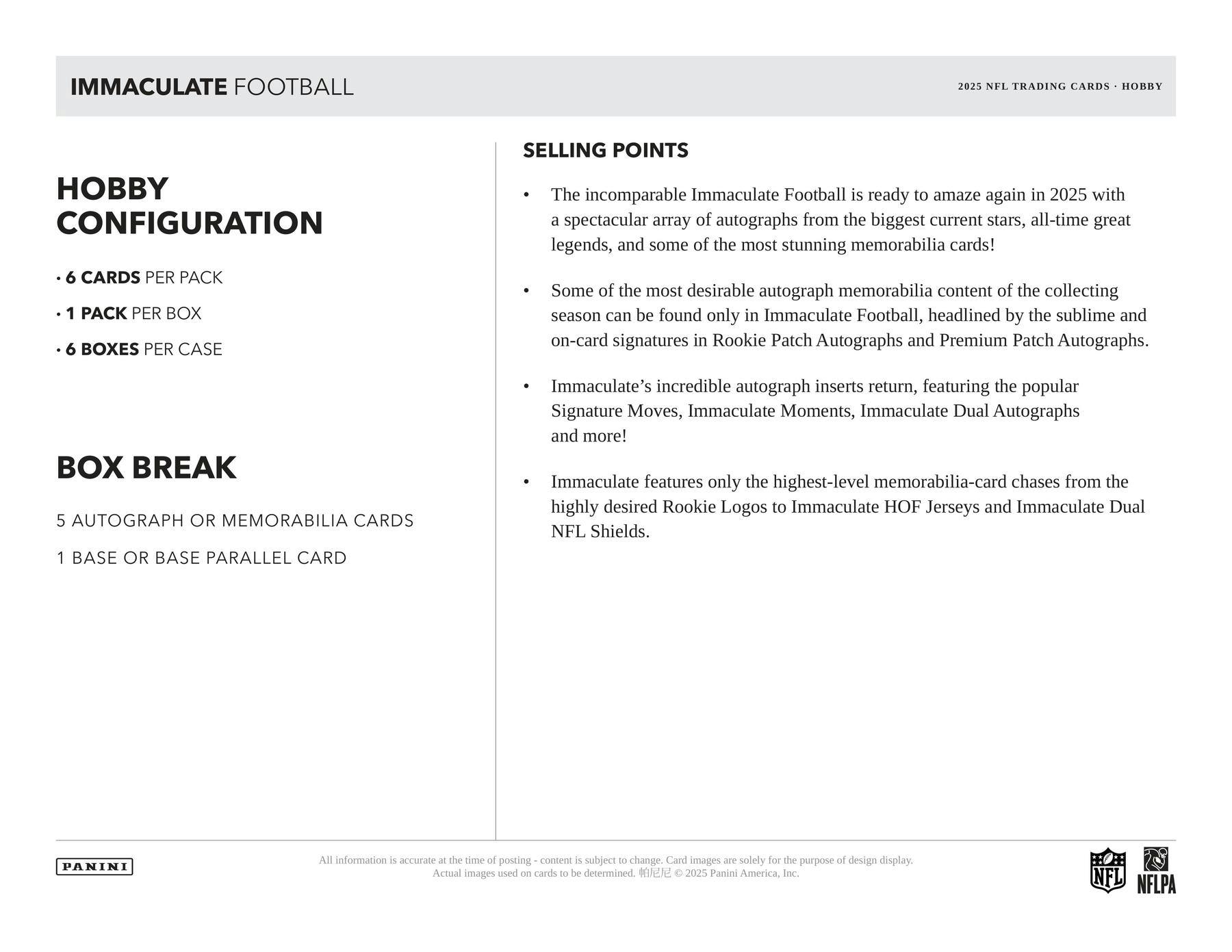 2025 Panini Immaculate Football Hobby Box (5 Autos or Mems / Box) - Sports Collectibles