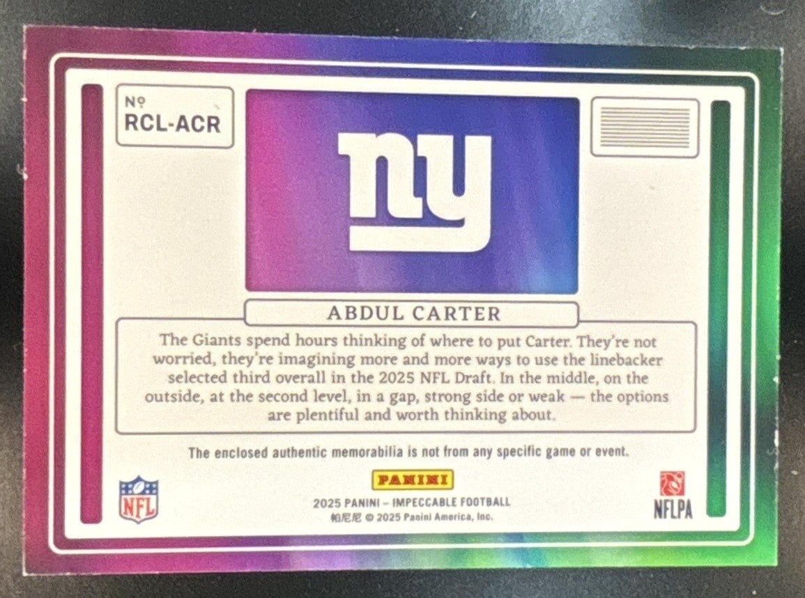 2025 Panini Impeccable Abdul Carter RC Logo Patches /25 MEM New York Giants - Sports Cards