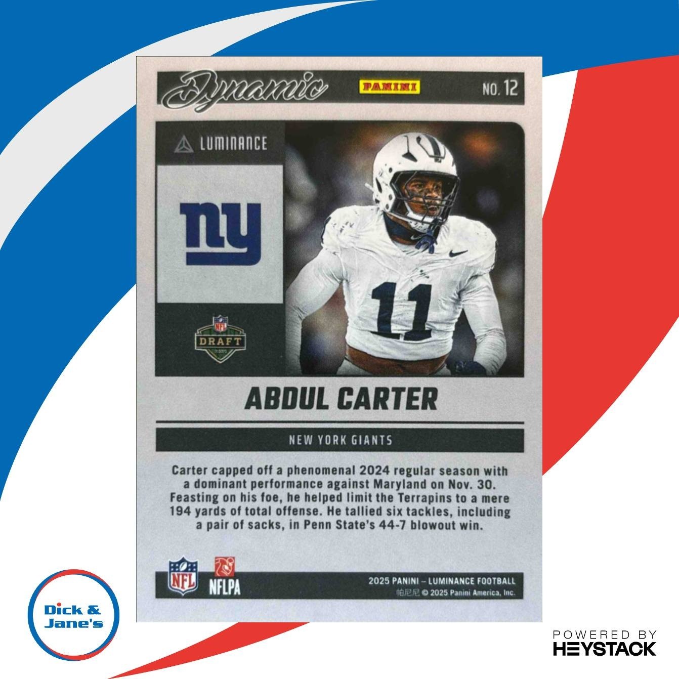 2025 Panini Luminance Abdul Carter Dynamic Rookies #12 New York Giants - Sports Cards
