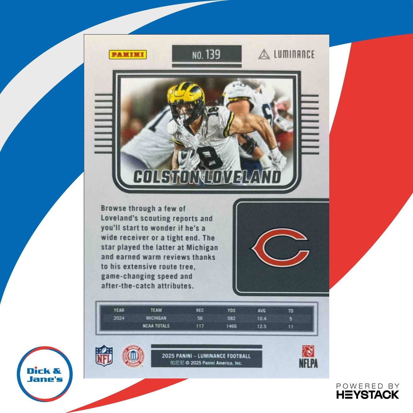 2025 Panini Luminance Colston Loveland Purple /249 #139 RC Chicago Bears - Sports Cards