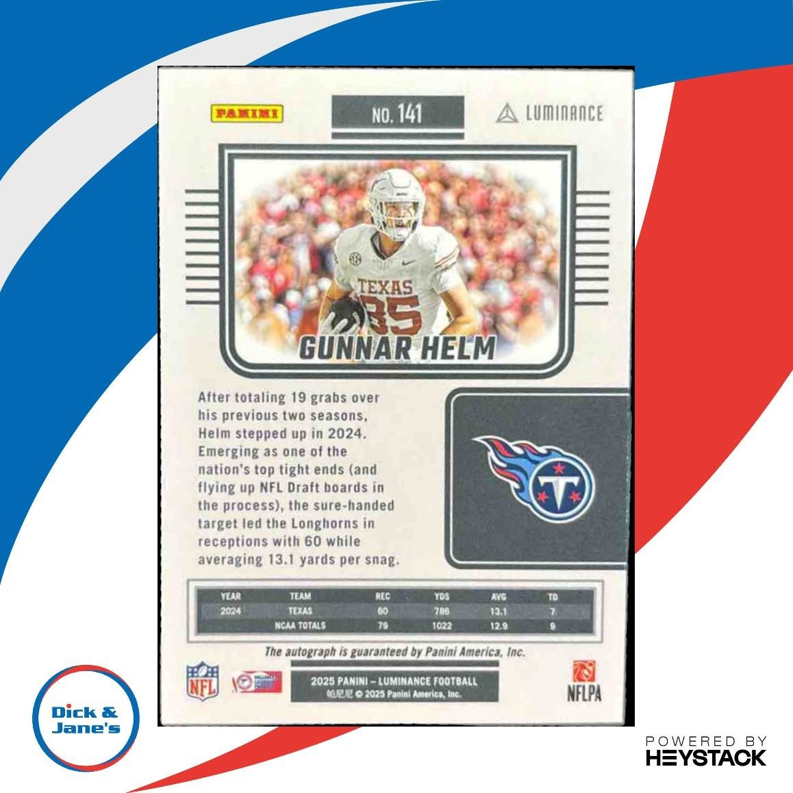 2025 Panini Luminance Gunnar Helm Auto /700 #141 RC Tennessee Titans - Sports Cards