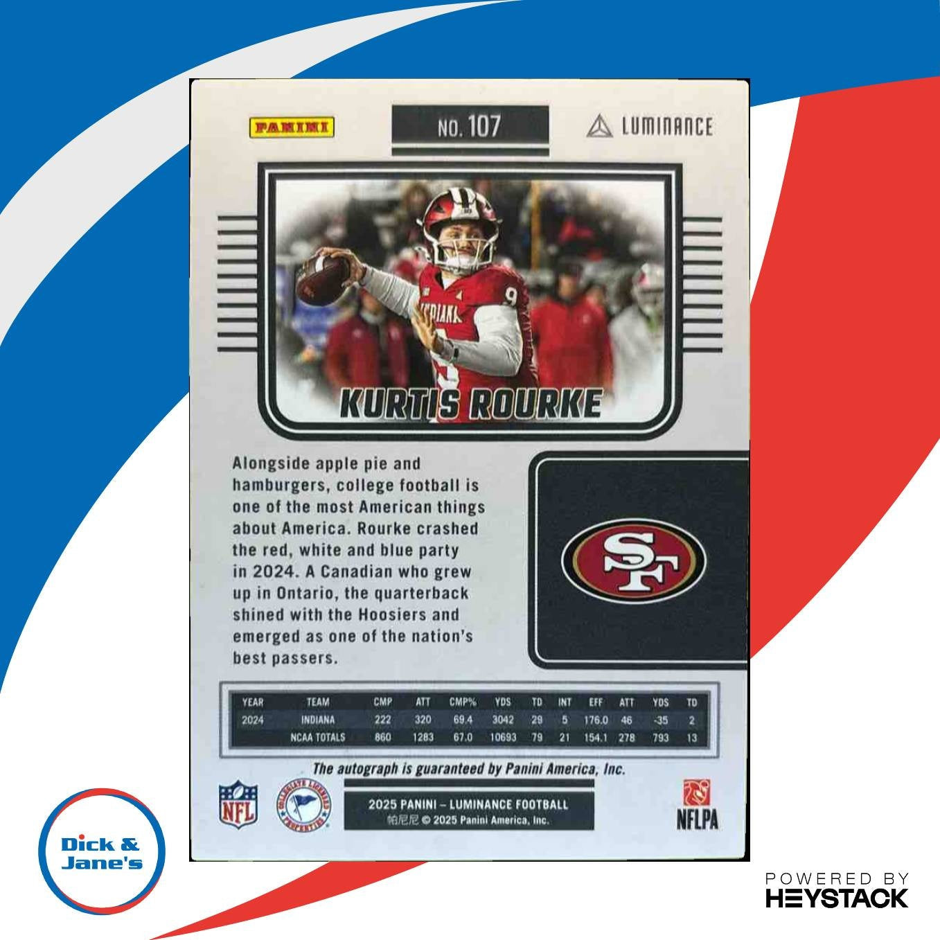 2025 Panini Luminance Kurtis Rourke /700 #107 RC Auto San Francisco 49ers - Sports Cards