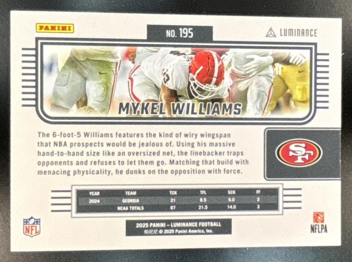 2025 Panini Luminance Mykel Williams Green /100 #195 RC San Francisco 49ers - Sports Cards