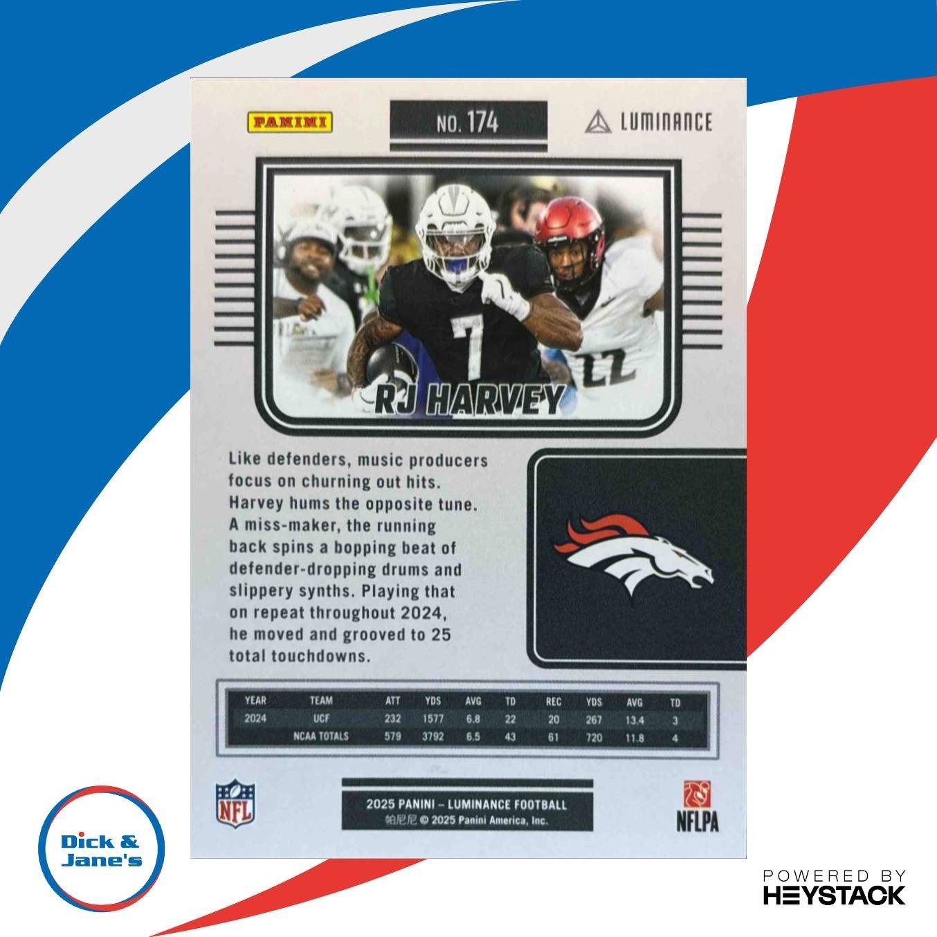 2025 Panini Luminance RJ Harvey Yellow /299 #174 RC Auto Denver Broncos - Sports Cards