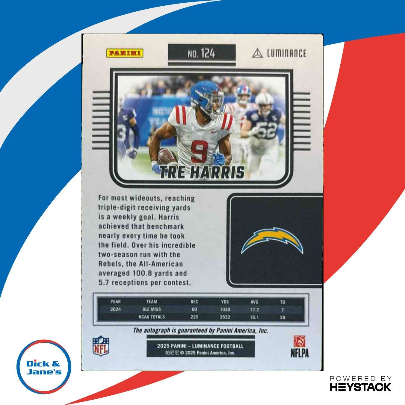 2025 Panini Luminance Tre Harris Auto /700 #124 RC Los Angeles Chargers - Sports Cards