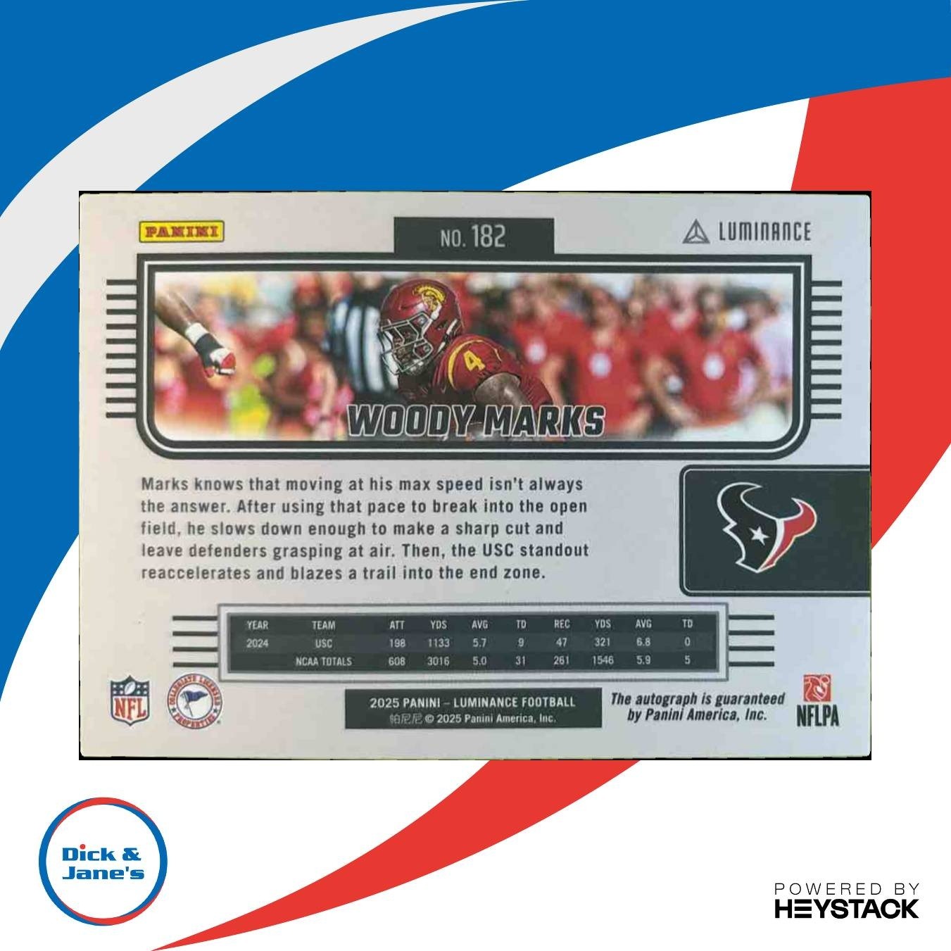 2025 Panini Luminance Woody Marks Auto /700 #182 RC Houston Texans - Sports Cards