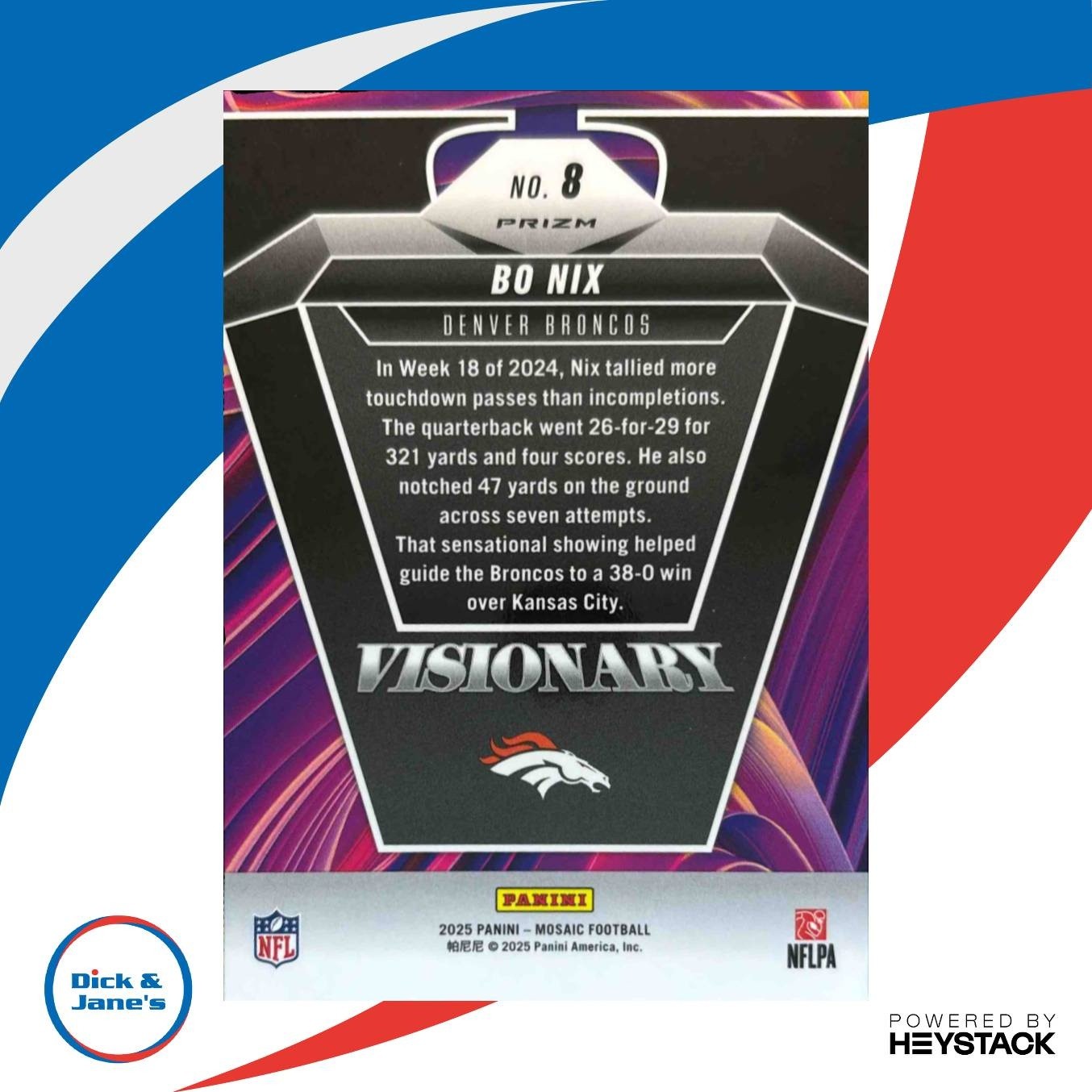 2025 Panini Mosaic Bo Nix Visionary #8 Denver Broncos - Sports Cards