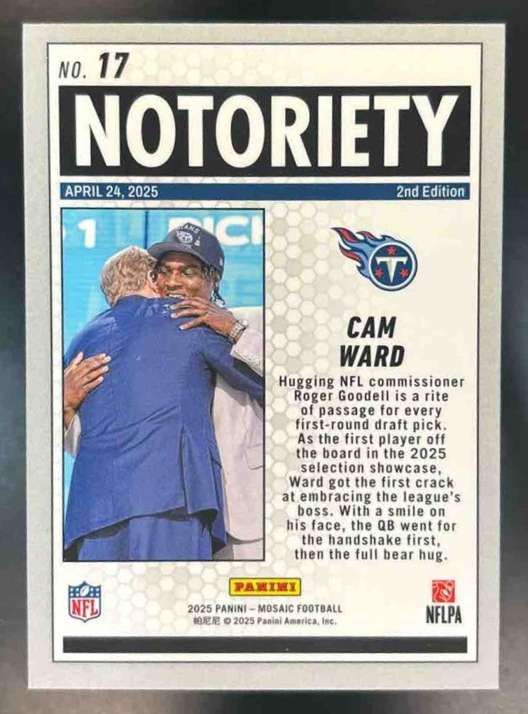2025 Panini Mosaic Cam Ward Notoriety Mosaic Prizm #17 RC Tennessee Titans - Sports Cards