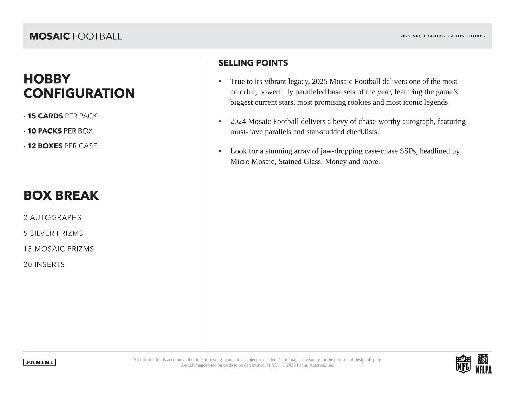 2025 Panini Mosaic Football Hobby Box (2 Autos) - NFL Hobby Box