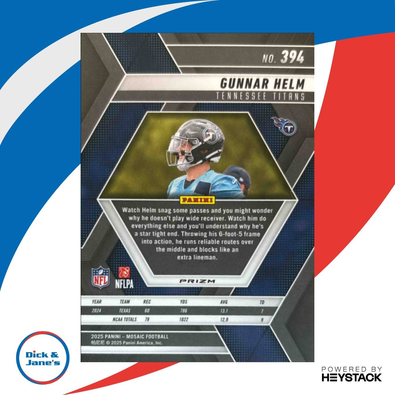 2025 PANINI MOSAIC GUNNAR HELM RED & WHITE STRIPE PRIZM RC #394 - Sports Cards