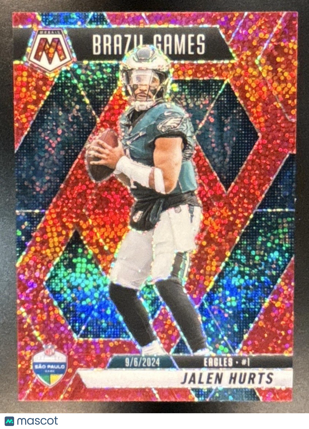 2025 Panini Mosaic Jalen Hurts International Games Red Sparkle #267 Eagles - Sports Cards