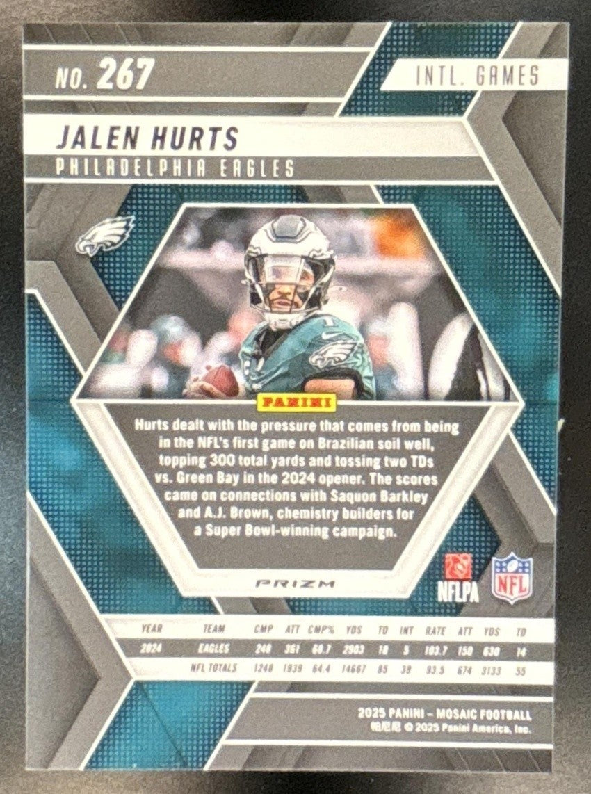 2025 Panini Mosaic Jalen Hurts International Games Red Sparkle #267 Eagles - Sports Cards