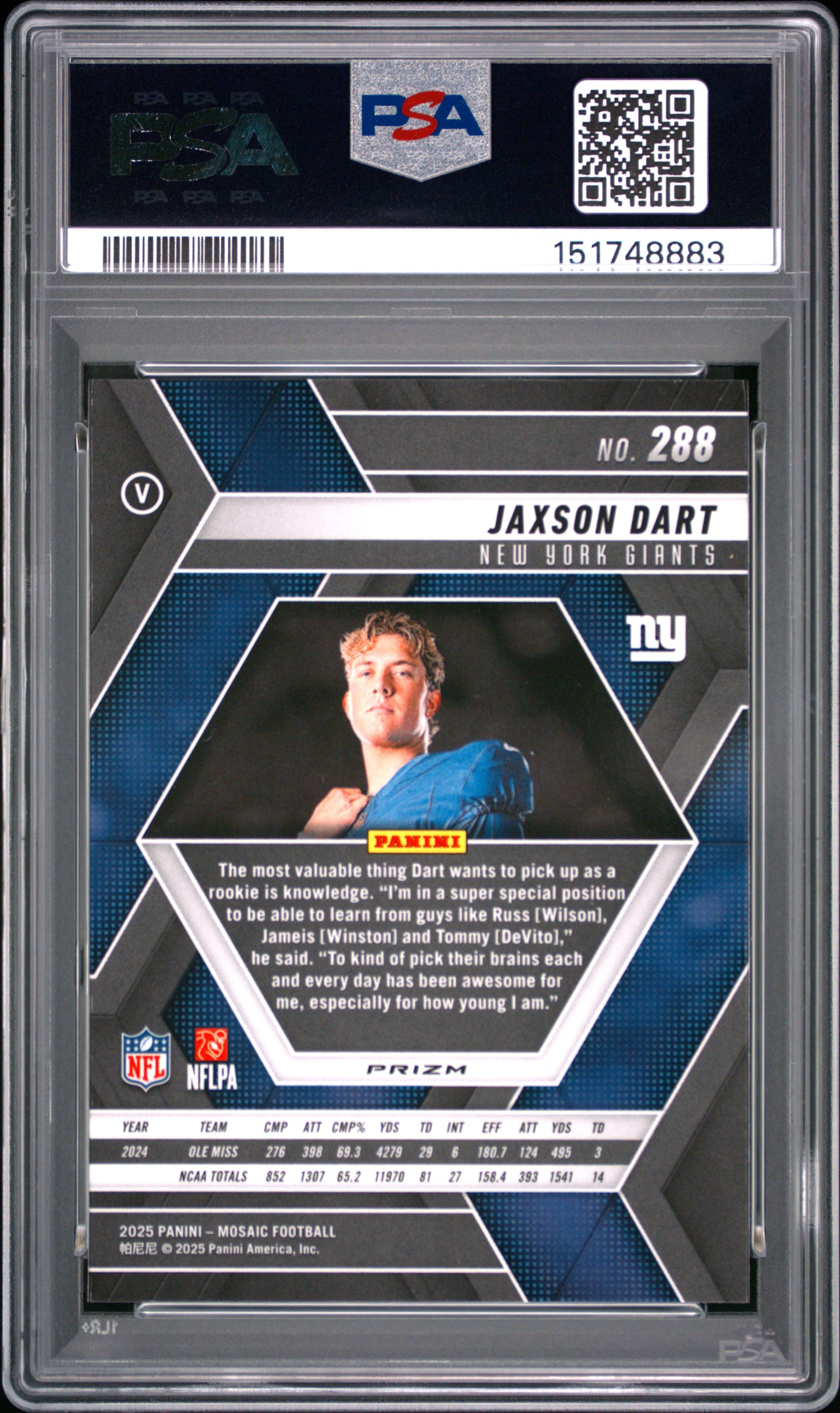 2025 Panini Mosaic Jaxson Dart #288 PSA 10 - Dick &